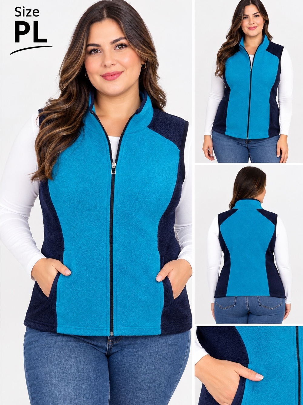 Kim Rogers Turquoise and Navy Zip-Front Fleece Vest